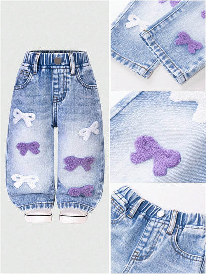 Baby Girl Cute Cross Applique Straight Leg Jeans Vintage Distressed Denim Blue And White Flower Summer Back-To-School Christian Outfit Graduation