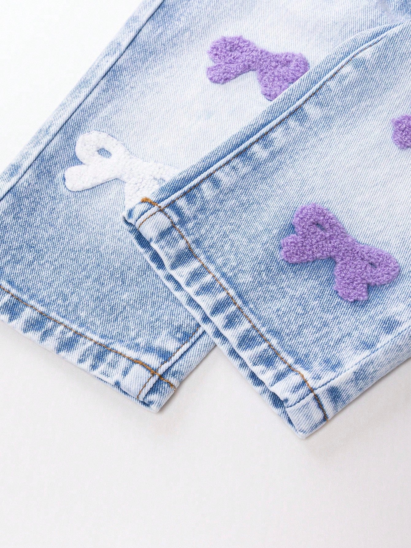 Baby Girl Cute Cross Applique Straight Leg Jeans Vintage Distressed Denim Blue And White Flower Summer Back-To-School Christian Outfit Graduation