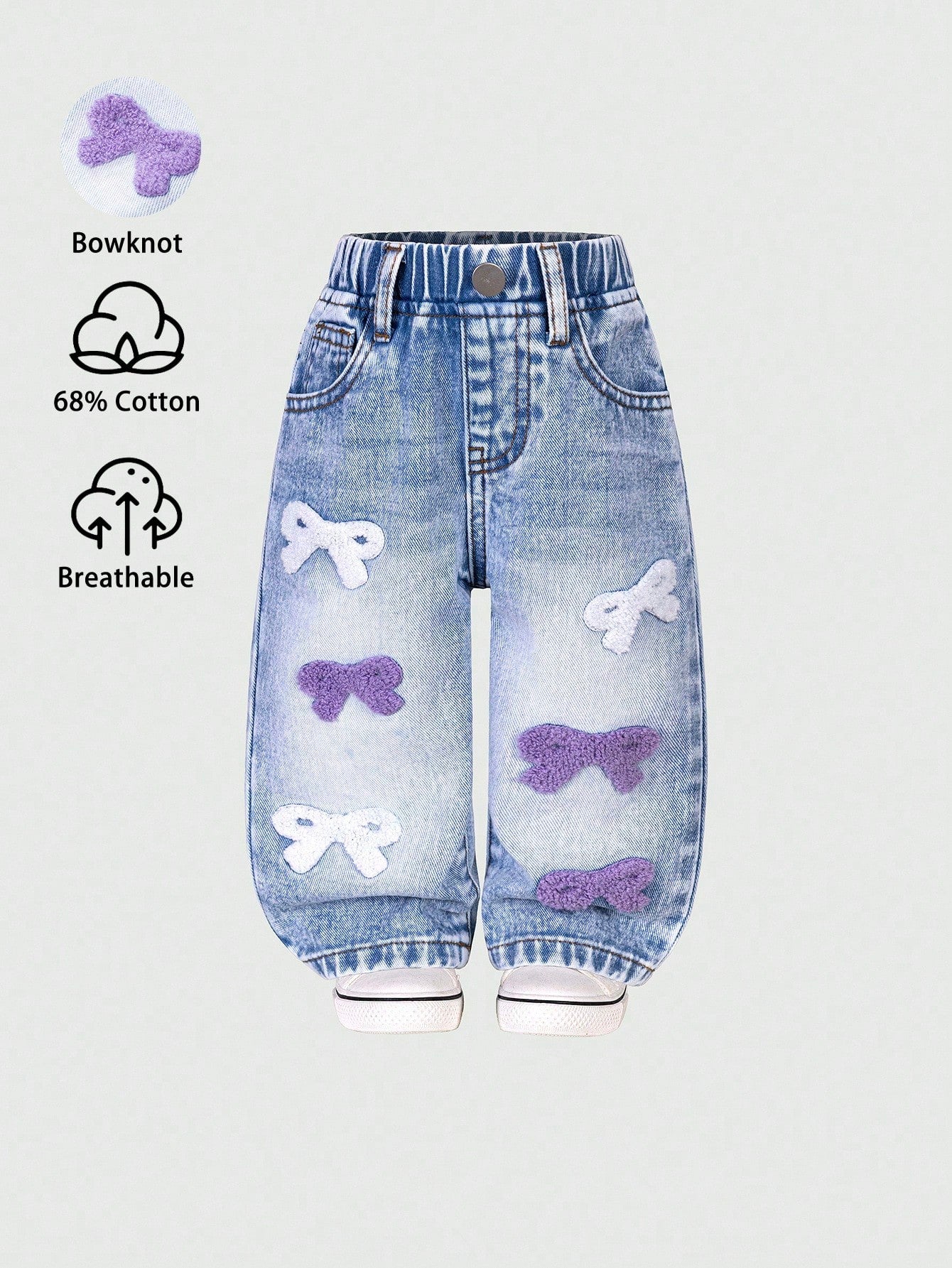Baby Girl Cute Cross Applique Straight Leg Jeans Vintage Distressed Denim Blue And White Flower Summer Back-To-School Christian Outfit Graduation