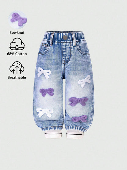 Baby Girl Cute Cross Applique Straight Leg Jeans Vintage Distressed Denim Blue And White Flower Summer Back-To-School Christian Outfit Graduation