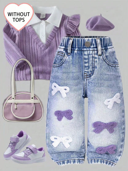 Baby Girl Cute Cross Applique Straight Leg Jeans Vintage Distressed Denim Blue And White Flower Summer Back-To-School Christian Outfit Graduation