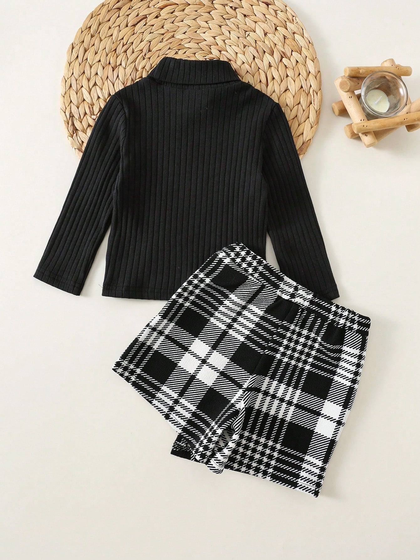 Baby Girl Cute & Elegant Knitted Black Long Sleeve T-Shirt And Plaid Elastic Waist Skort Set, Autumn/Winter