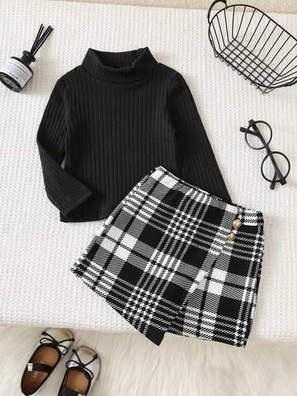 Baby Girl Cute & Elegant Knitted Black Long Sleeve T-Shirt And Plaid Elastic Waist Skort Set, Autumn/Winter