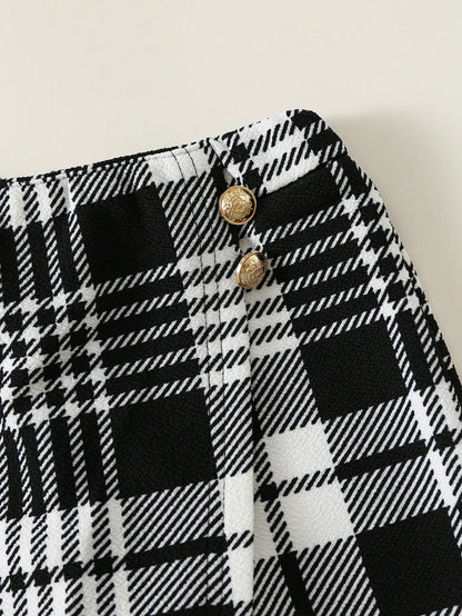Baby Girl Cute & Elegant Knitted Black Long Sleeve T-Shirt And Plaid Elastic Waist Skort Set, Autumn/Winter