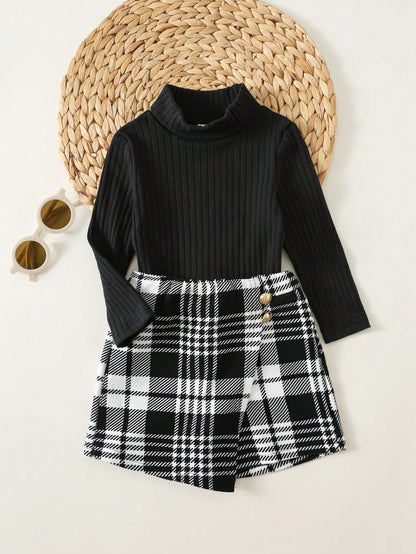 Baby Girl Cute & Elegant Knitted Black Long Sleeve T-Shirt And Plaid Elastic Waist Skort Set, Autumn/Winter