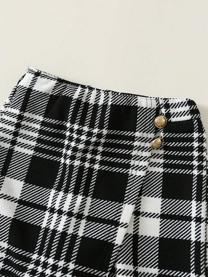 Baby Girl Cute & Elegant Knitted Black Long Sleeve T-Shirt And Plaid Elastic Waist Skort Set, Autumn/Winter