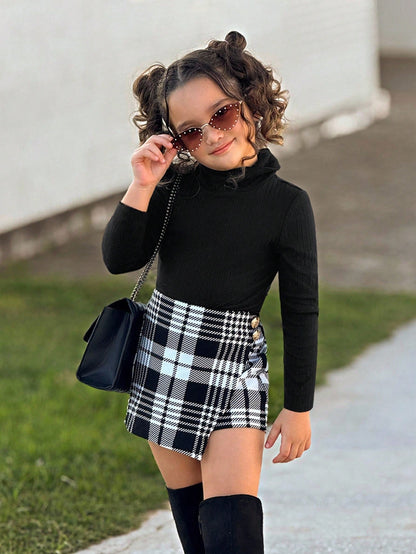 Baby Girl Cute & Elegant Knitted Black Long Sleeve T-Shirt And Plaid Elastic Waist Skort Set, Autumn/Winter