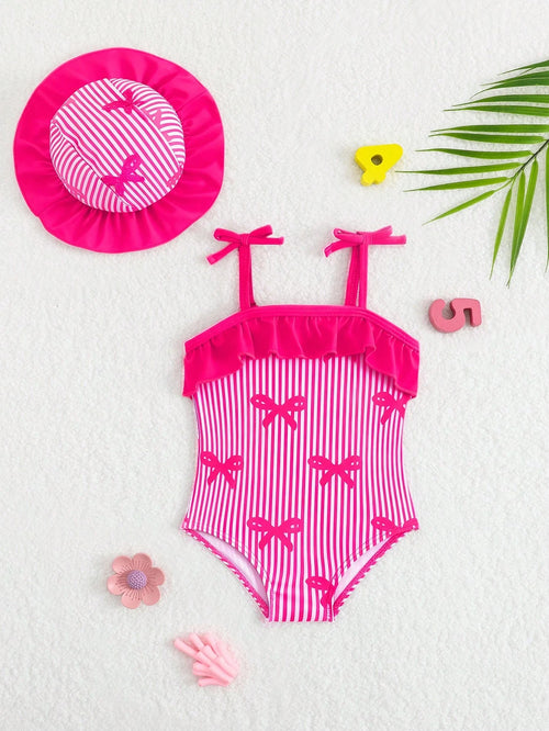 Baby Girl Cute Rose Red Bow Print Knit Swimsuit,2-Piece Set With Hat,Newborn Beachwear,Summer Holiday Pool Party,Blue And White Stripe,Swimming Suit