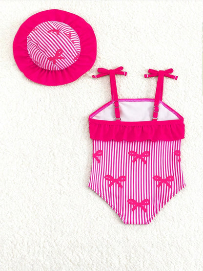 Baby Girl Cute Rose Red Bow Print Knit Swimsuit,2-Piece Set With Hat,Newborn Beachwear,Summer Holiday Pool Party,Blue And White Stripe,Swimming Suit