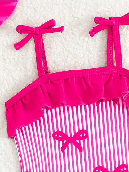 Baby Girl Cute Rose Red Bow Print Knit Swimsuit,2-Piece Set With Hat,Newborn Beachwear,Summer Holiday Pool Party,Blue And White Stripe,Swimming Suit