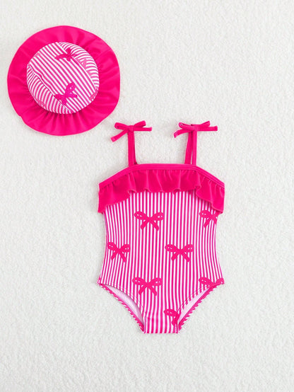 Baby Girl Cute Rose Red Bow Print Knit Swimsuit,2-Piece Set With Hat,Newborn Beachwear,Summer Holiday Pool Party,Blue And White Stripe,Swimming Suit