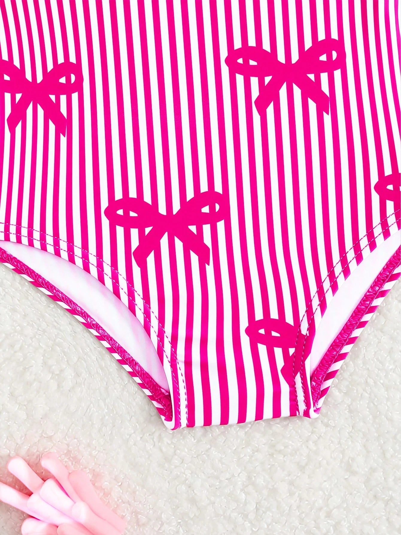 Baby Girl Cute Rose Red Bow Print Knit Swimsuit,2-Piece Set With Hat,Newborn Beachwear,Summer Holiday Pool Party,Blue And White Stripe,Swimming Suit