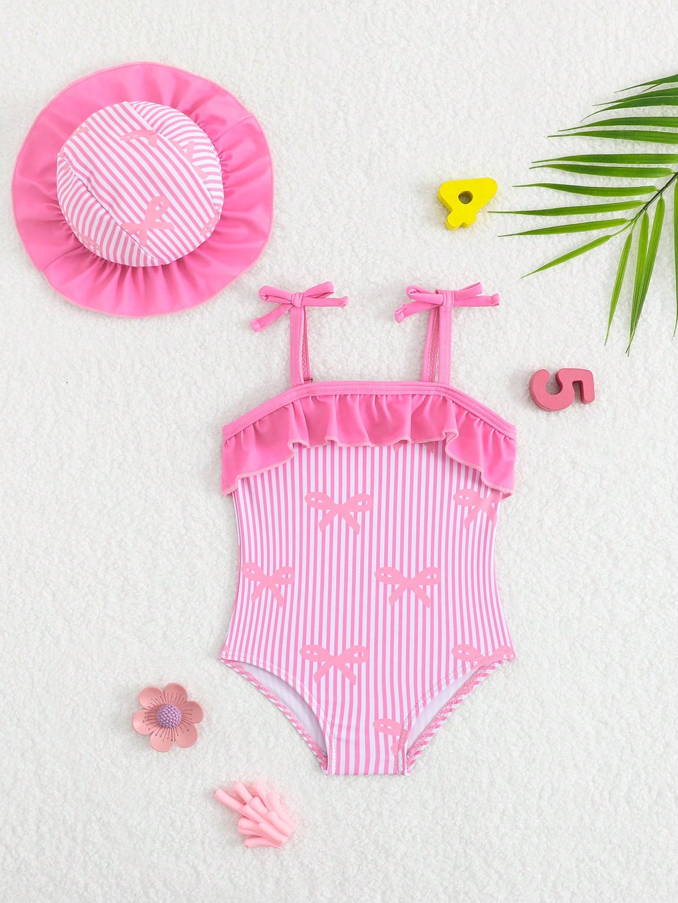 Baby Girl Cute Rose Red Bow Print Knit Swimsuit,2-Piece Set With Hat,Newborn Beachwear,Summer Holiday Pool Party,Blue And White Stripe,Swimming Suit