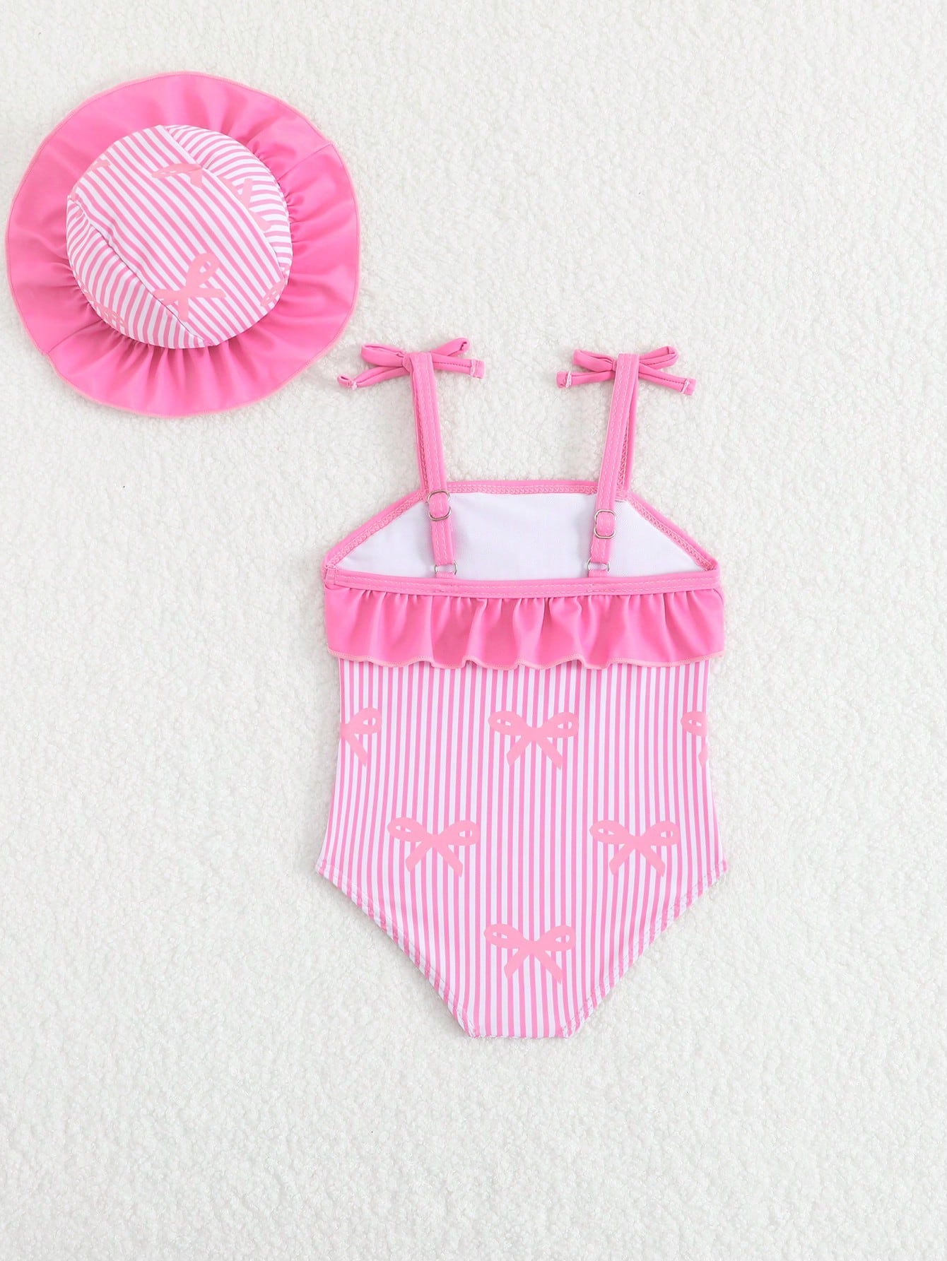 Baby Girl Cute Rose Red Bow Print Knit Swimsuit,2-Piece Set With Hat,Newborn Beachwear,Summer Holiday Pool Party,Blue And White Stripe,Swimming Suit