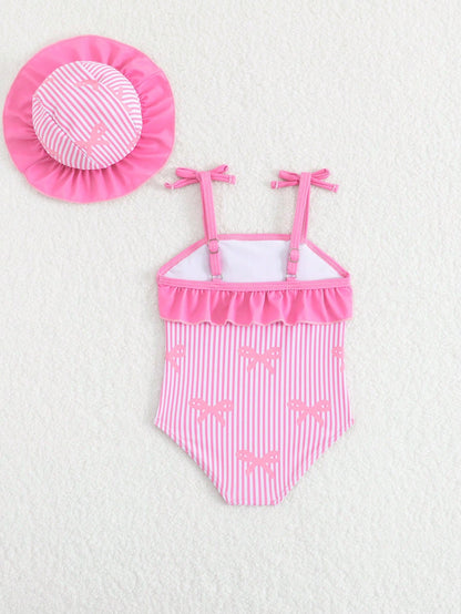 Baby Girl Cute Rose Red Bow Print Knit Swimsuit,2-Piece Set With Hat,Newborn Beachwear,Summer Holiday Pool Party,Blue And White Stripe,Swimming Suit