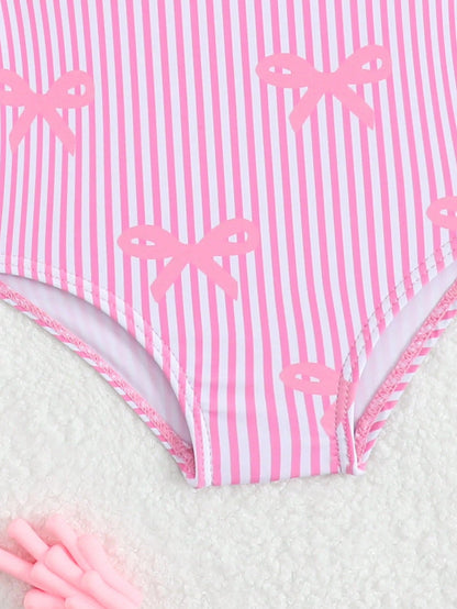 Baby Girl Cute Rose Red Bow Print Knit Swimsuit,2-Piece Set With Hat,Newborn Beachwear,Summer Holiday Pool Party,Blue And White Stripe,Swimming Suit