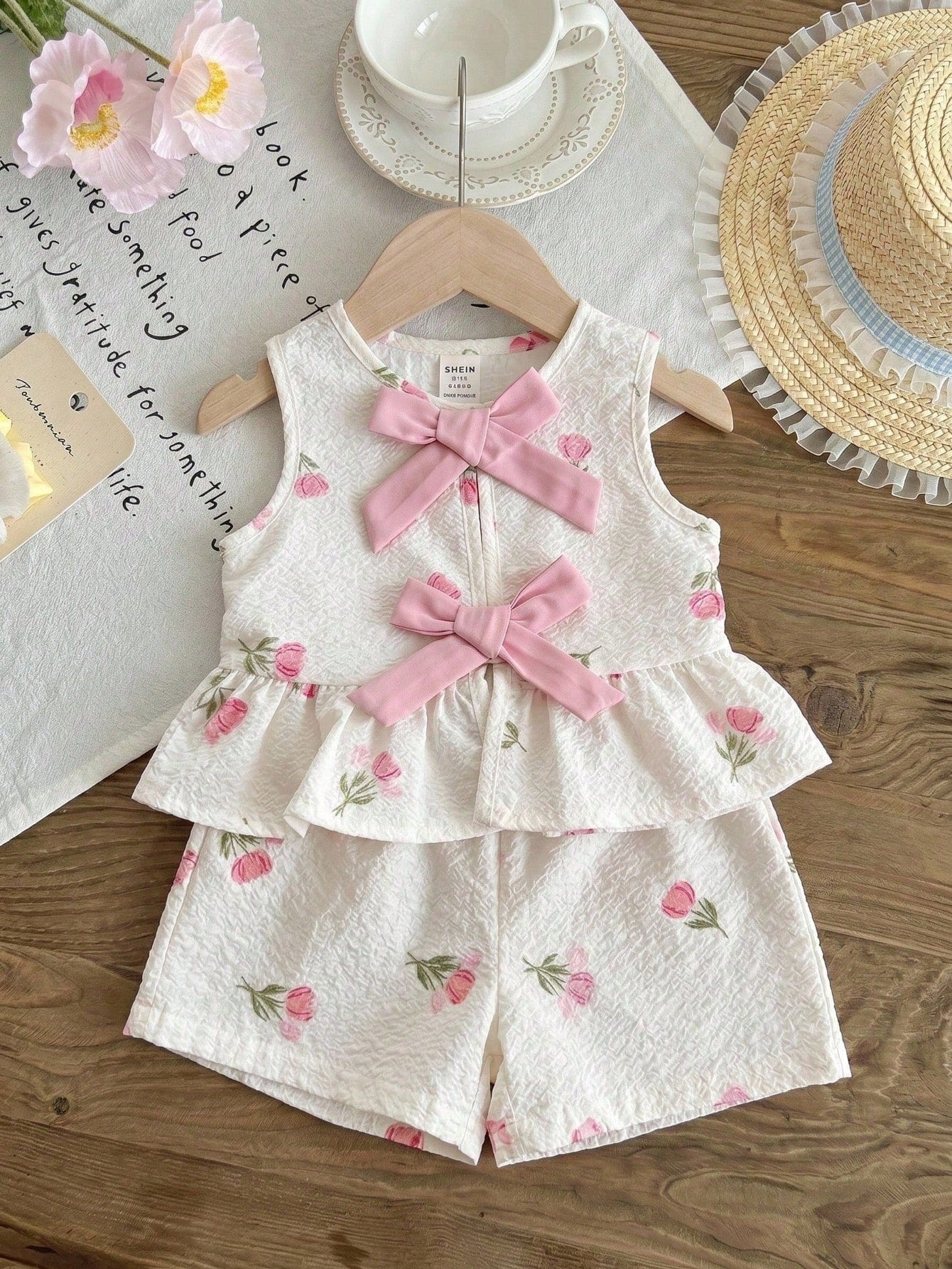 Baby Girl Cute Strawberry Print 2 Pcs Set,Summer Sleeveless Tie Bow Ruffle Hem Top And Shorts,Blue And White Plaid Vacation Cruise Outfit For Girls