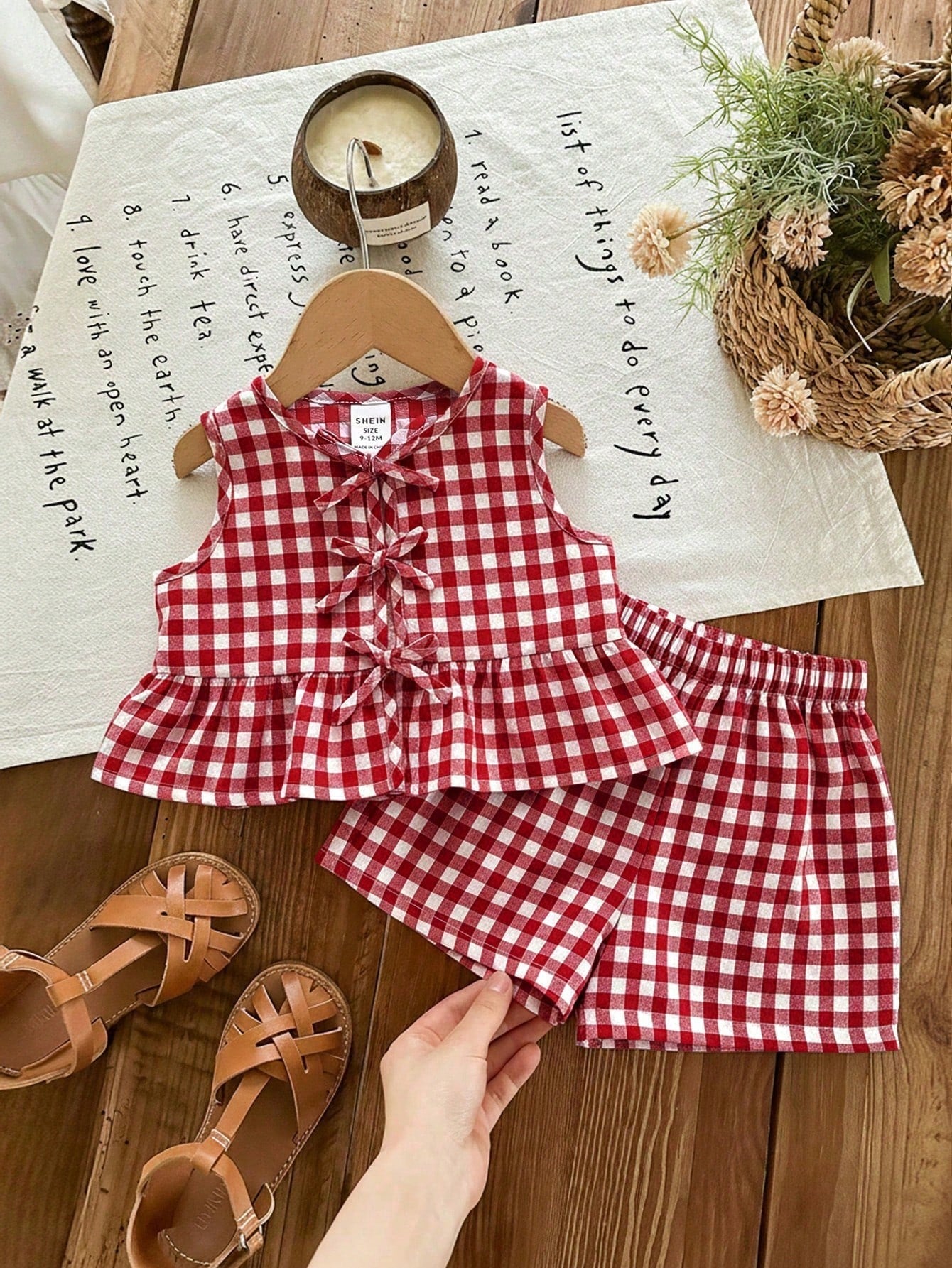 Baby Girl Cute Strawberry Print 2 Pcs Set,Summer Sleeveless Tie Bow Ruffle Hem Top And Shorts,Blue And White Plaid Vacation Cruise Outfit For Girls