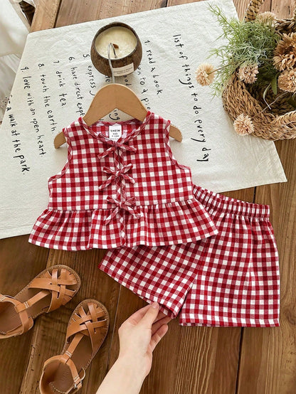 Baby Girl Cute Strawberry Print 2 Pcs Set,Summer Sleeveless Tie Bow Ruffle Hem Top And Shorts,Blue And White Plaid Vacation Cruise Outfit For Girls