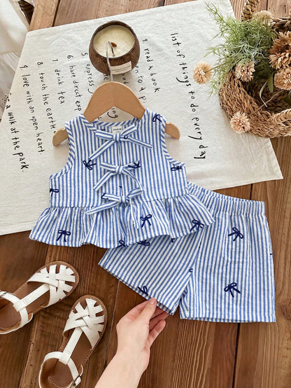 Baby Girl Cute Strawberry Print 2 Pcs Set,Summer Sleeveless Tie Bow Ruffle Hem Top And Shorts,Blue And White Plaid Vacation Cruise Outfit For Girls