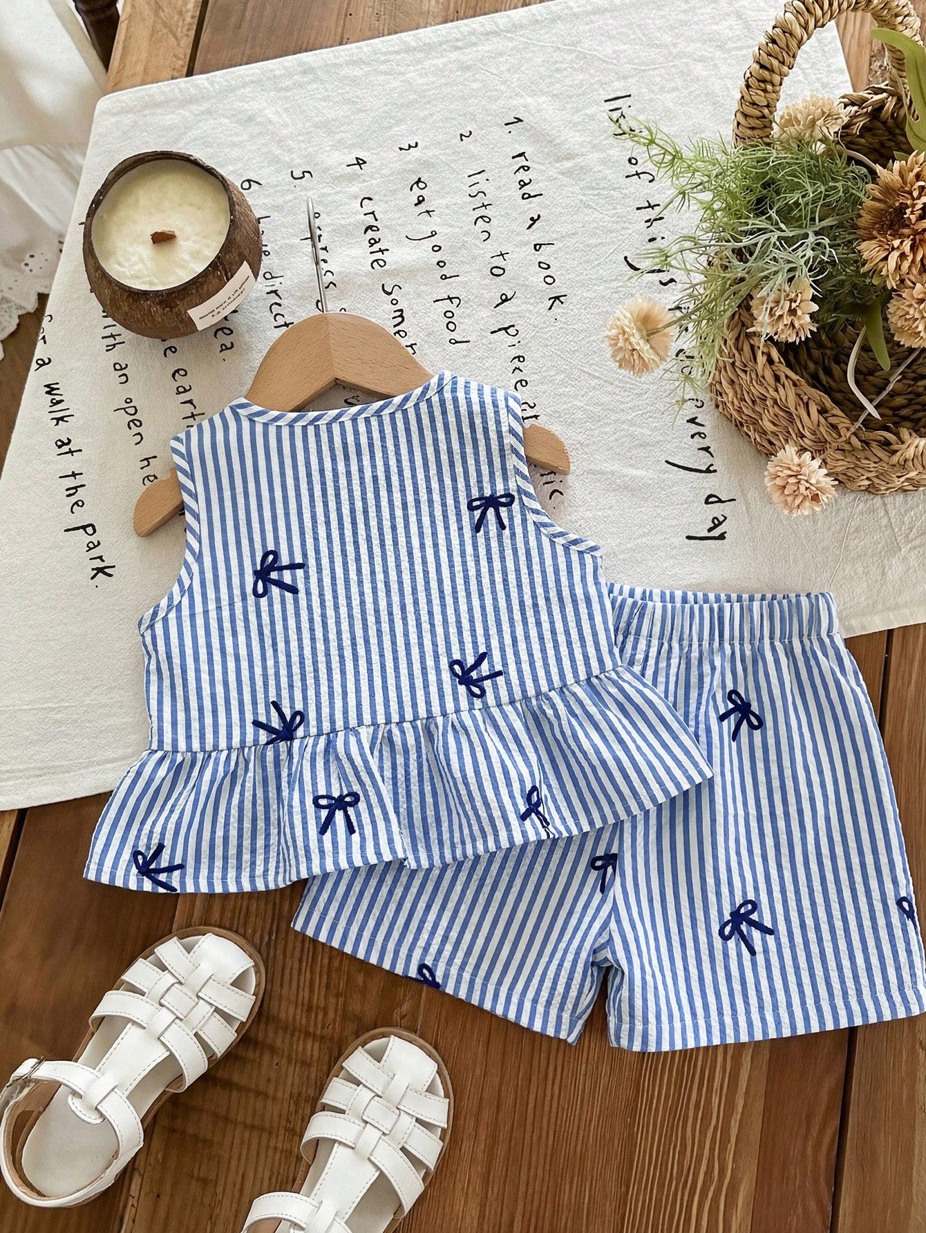 Baby Girl Cute Strawberry Print 2 Pcs Set,Summer Sleeveless Tie Bow Ruffle Hem Top And Shorts,Blue And White Plaid Vacation Cruise Outfit For Girls