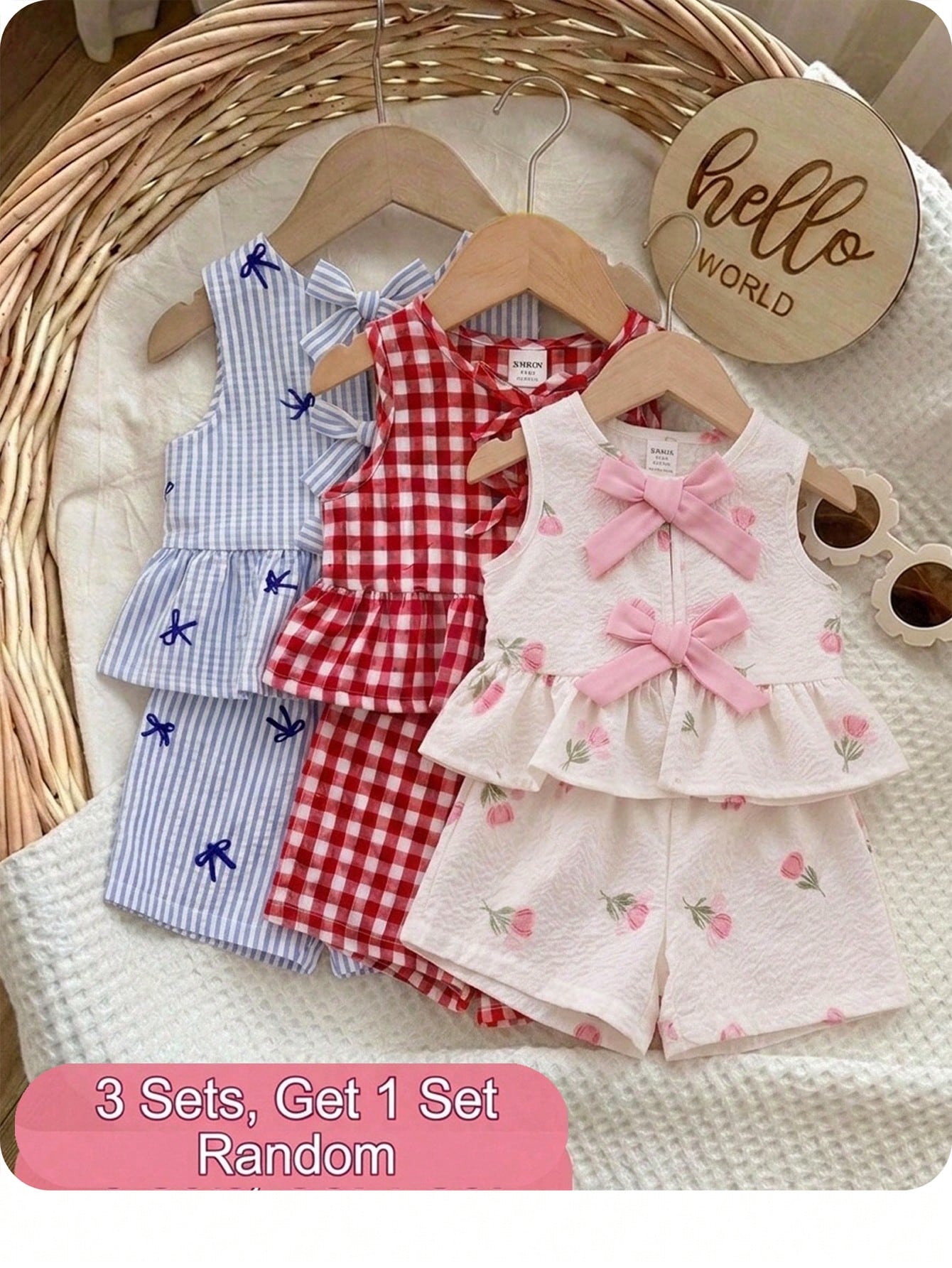 Baby Girl Cute Strawberry Print 2 Pcs Set,Summer Sleeveless Tie Bow Ruffle Hem Top And Shorts,Blue And White Plaid Vacation Cruise Outfit For Girls