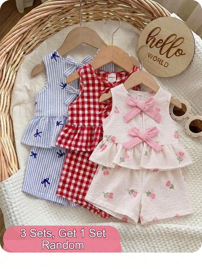 Baby Girl Cute Strawberry Print 2 Pcs Set,Summer Sleeveless Tie Bow Ruffle Hem Top And Shorts,Blue And White Plaid Vacation Cruise Outfit For Girls