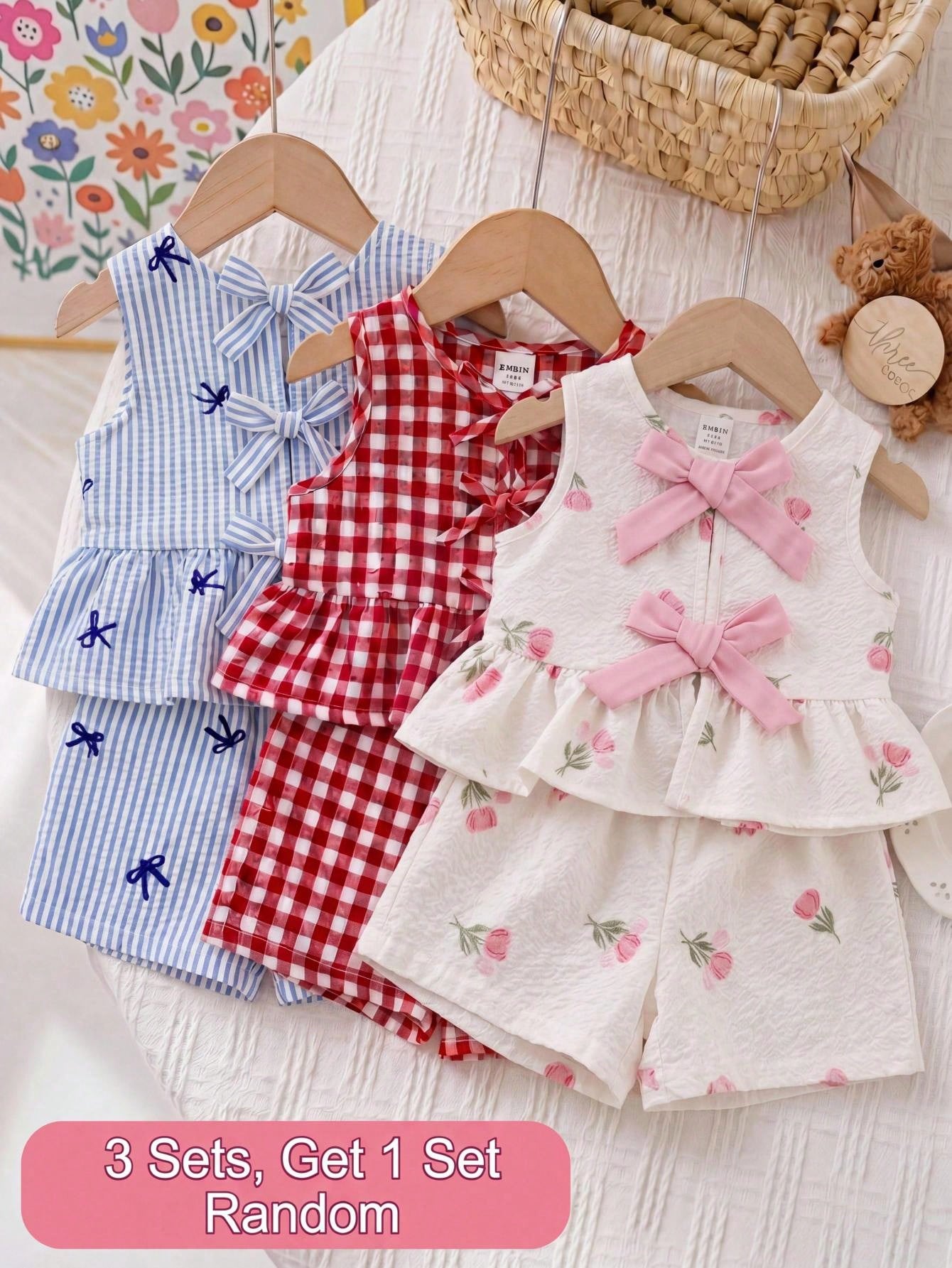 Baby Girl Cute Strawberry Print 2 Pcs Set,Summer Sleeveless Tie Bow Ruffle Hem Top And Shorts,Blue And White Plaid Vacation Cruise Outfit For Girls