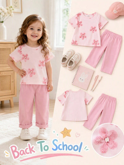 Baby Girl Fashion Casual Cute Versatile Round Neck Printed Short Sleeve Top And Pink Long Pants Soft Minimalist Elegant 2-Piece Set Suitable For Summer School Vacation Travel Various Occasions D