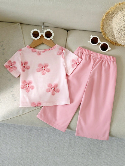 Baby Girl Fashion Casual Cute Versatile Round Neck Printed Short Sleeve Top And Pink Long Pants Soft Minimalist Elegant 2-Piece Set Suitable For Summer School Vacation Travel Various Occasions D