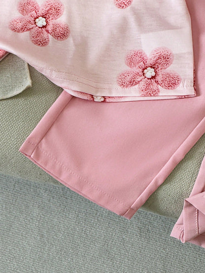 Baby Girl Fashion Casual Cute Versatile Round Neck Printed Short Sleeve Top And Pink Long Pants Soft Minimalist Elegant 2-Piece Set Suitable For Summer School Vacation Travel Various Occasions D