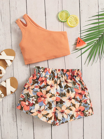 Baby Girl One Shoulder Cut Out Top & Floral Print Paperbag Waist Shorts