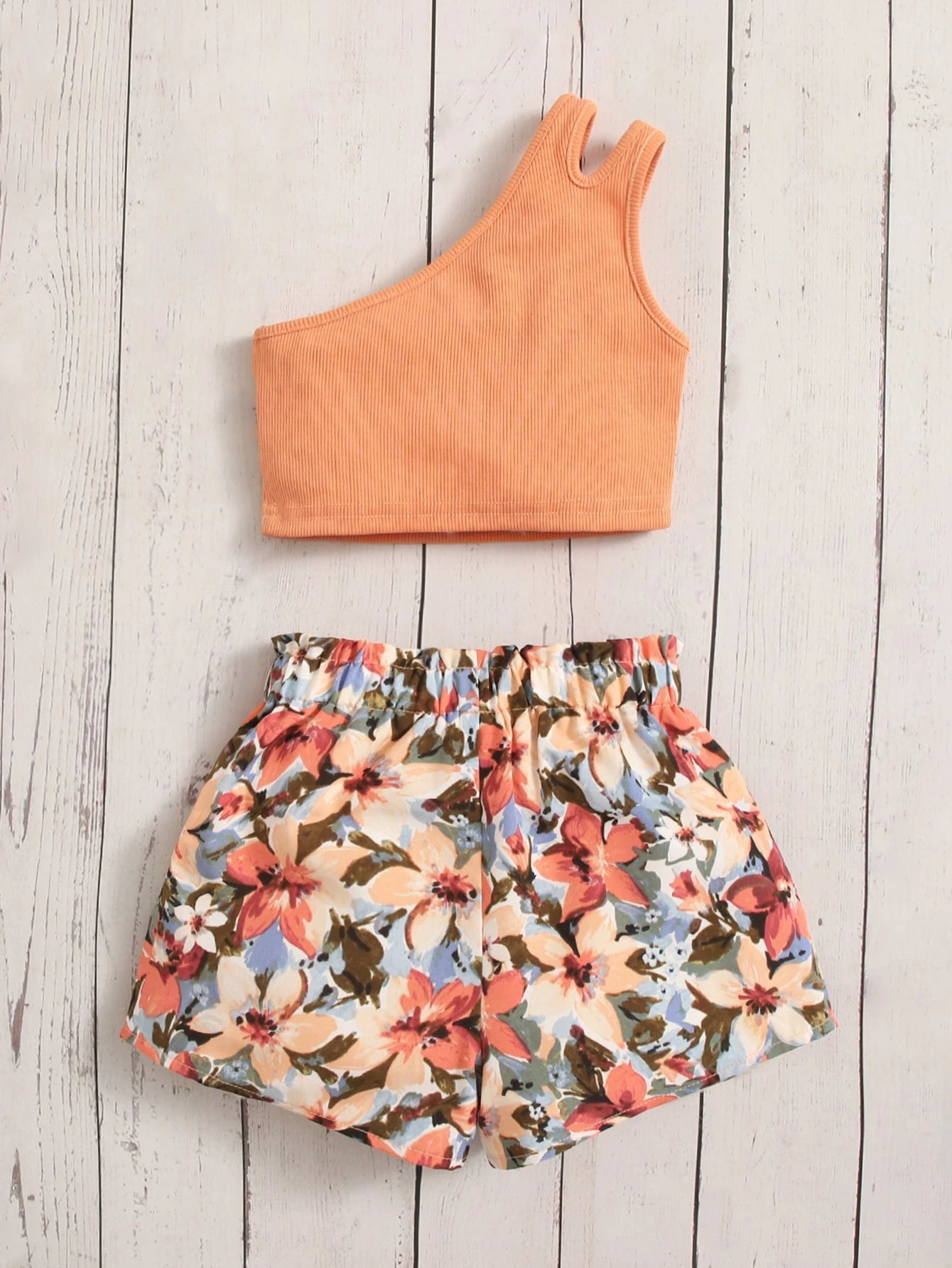 Baby Girl One Shoulder Cut Out Top & Floral Print Paperbag Waist Shorts