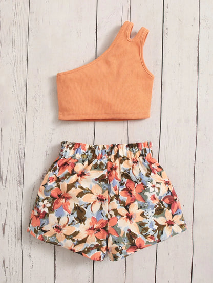 Baby Girl One Shoulder Cut Out Top & Floral Print Paperbag Waist Shorts