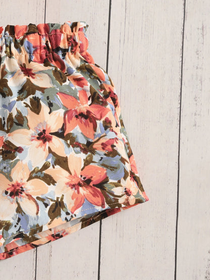 Baby Girl One Shoulder Cut Out Top & Floral Print Paperbag Waist Shorts
