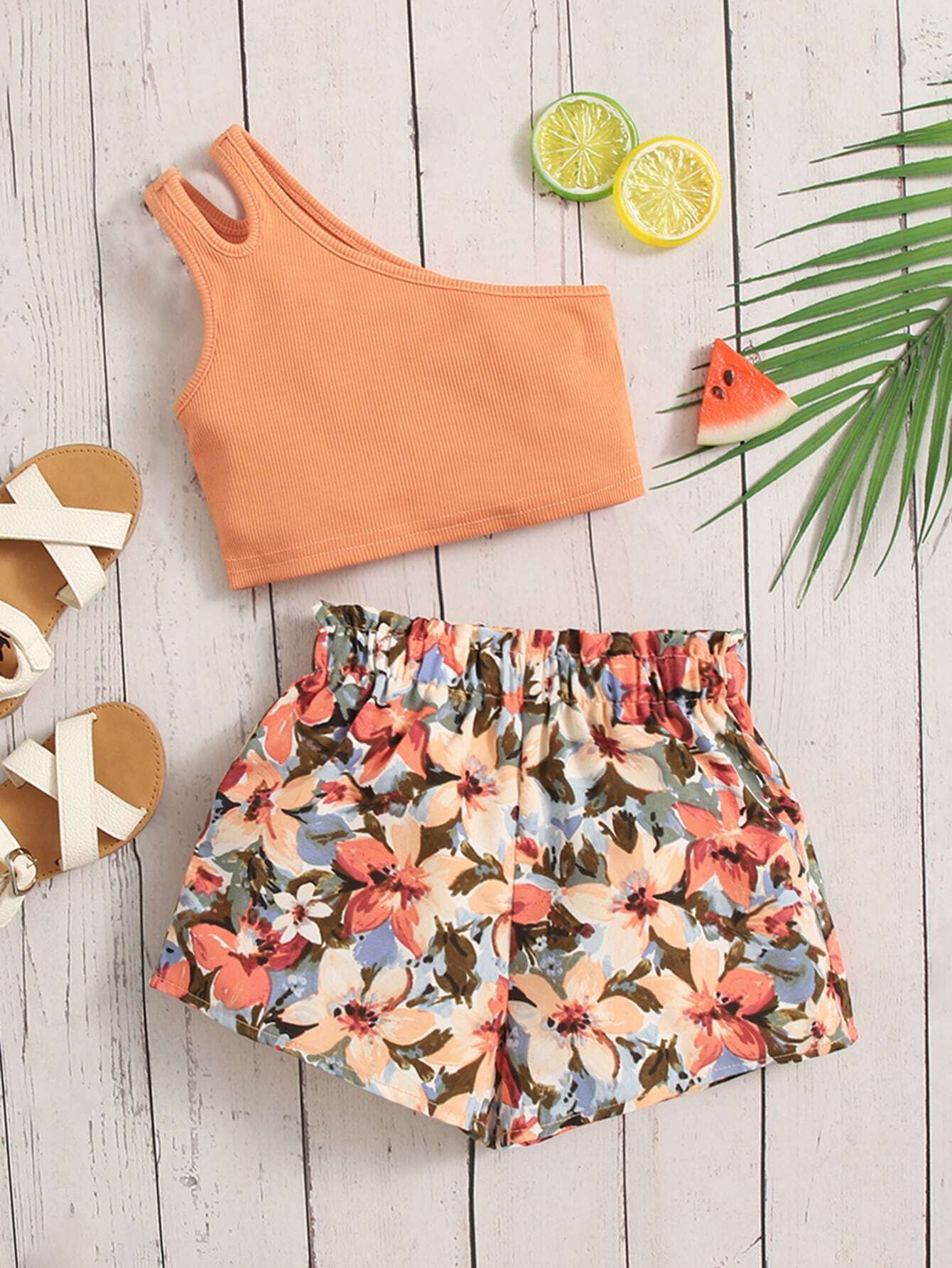 Baby Girl One Shoulder Cut Out Top & Floral Print Paperbag Waist Shorts