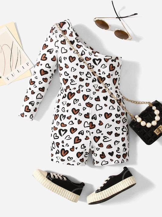 Baby Girl One Shoulder Heart Pattern Romper, Comfortable, Cute And Sweet, Suitable For Summer