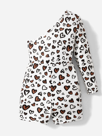 Baby Girl One Shoulder Heart Pattern Romper, Comfortable, Cute And Sweet, Suitable For Summer