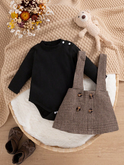 Baby Girl Puff Sleeve Bodysuit & Houndstooth Print Suspender Skirt