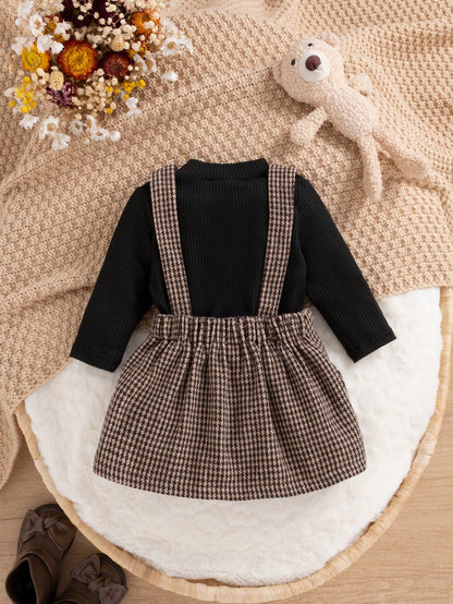 Baby Girl Puff Sleeve Bodysuit & Houndstooth Print Suspender Skirt