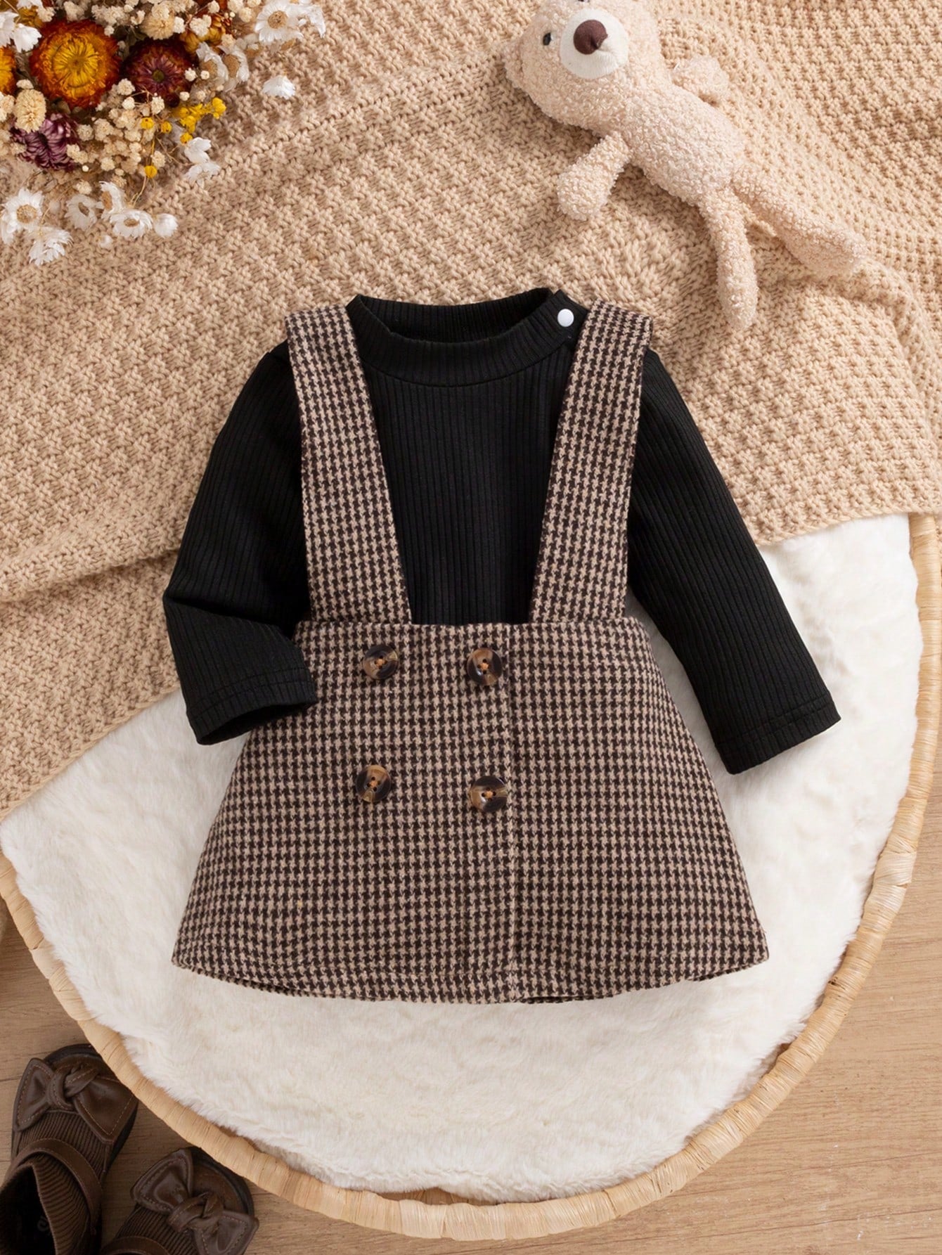 Baby Girl Puff Sleeve Bodysuit & Houndstooth Print Suspender Skirt