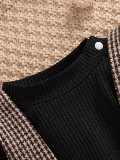 Baby Girl Puff Sleeve Bodysuit & Houndstooth Print Suspender Skirt