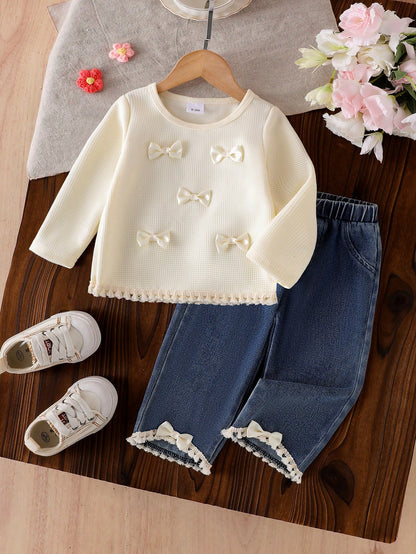 Baby Girl Spring/Autumn Cute Set: 3D Bow Long-Sleeve Pullover + Denim Pants 2-Piece Casual Outfit