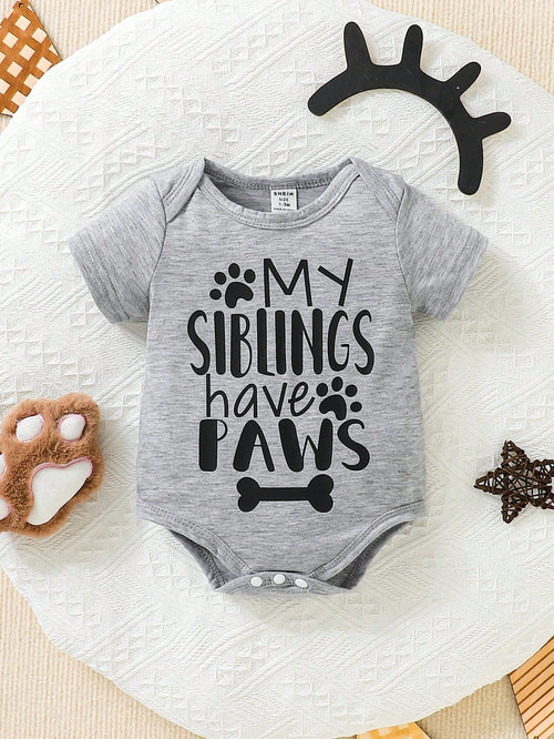 Baby Infants Grey Short Sleeve Bodysuit Soft Comfortable Knitwear Letter Print Crew Neck Romper Summer Casual Everyday Wear Family Matching Outfit