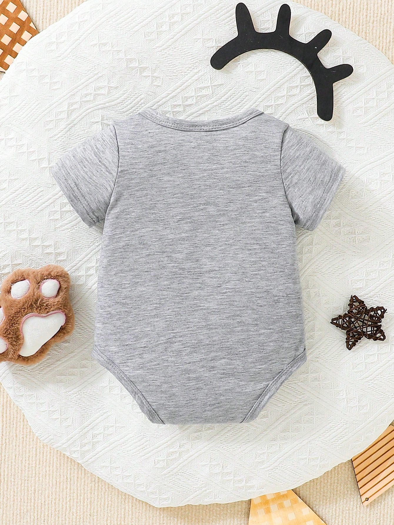 Baby Infants Grey Short Sleeve Bodysuit Soft Comfortable Knitwear Letter Print Crew Neck Romper Summer Casual Everyday Wear Family Matching Outfit