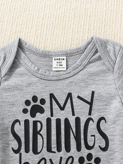 Baby Infants Grey Short Sleeve Bodysuit Soft Comfortable Knitwear Letter Print Crew Neck Romper Summer Casual Everyday Wear Family Matching Outfit