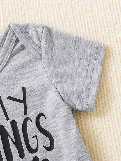 Baby Infants Grey Short Sleeve Bodysuit Soft Comfortable Knitwear Letter Print Crew Neck Romper Summer Casual Everyday Wear Family Matching Outfit