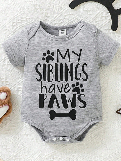 Baby Infants Grey Short Sleeve Bodysuit Soft Comfortable Knitwear Letter Print Crew Neck Romper Summer Casual Everyday Wear Family Matching Outfit