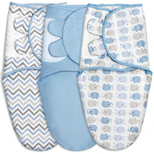 Baby Organic Cotton Swaddle 3-Pack For 0-3 Months Newborn Infant Boys Girls, Blue Elephants