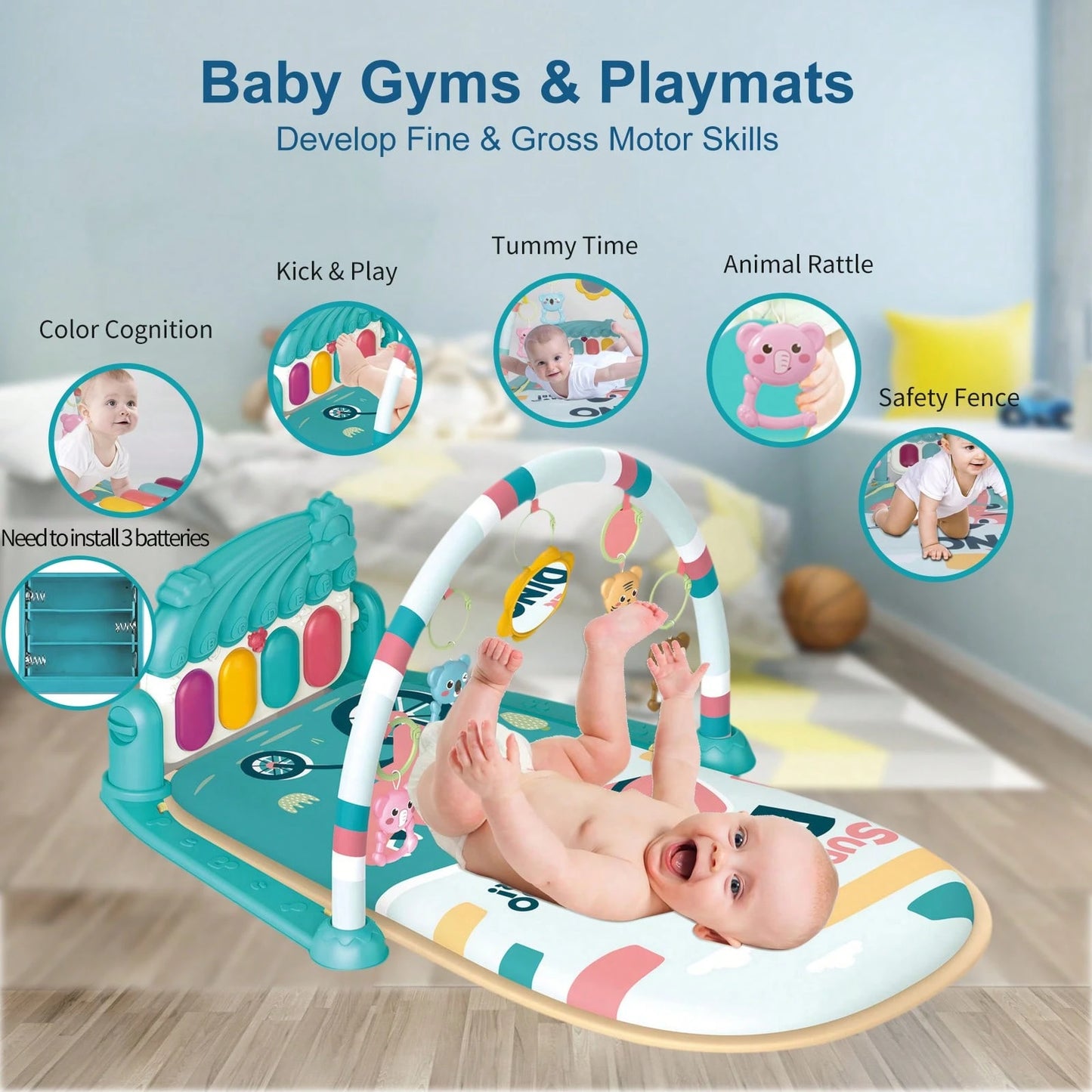 Baby Play Mat Baby Gym, Piano Tummy Time Baby Activity Gym Mat With 5 Infant Learning Sensory Baby Toys, Music And Lights Boy & Girl Gifts For Newborn
